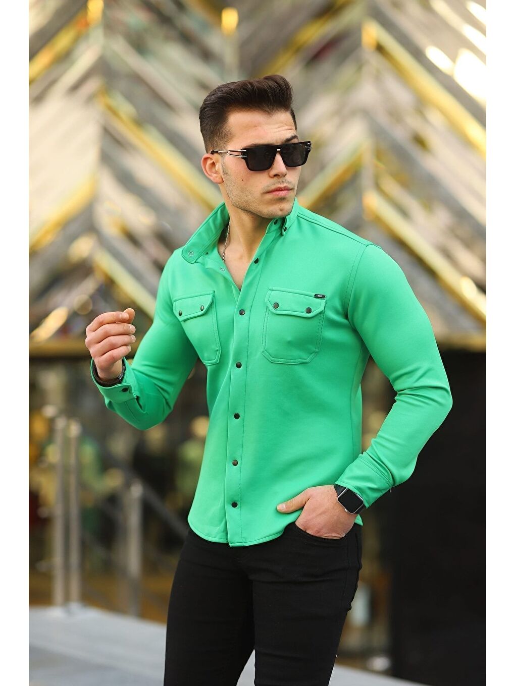 Yeşil Erkek Slim Fit Scuba Gömlek-3