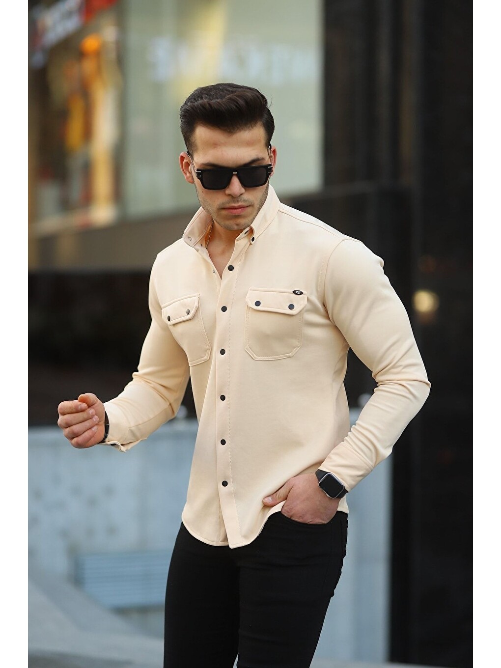Ekru Erkek Slim Fit Scuba Gömlek