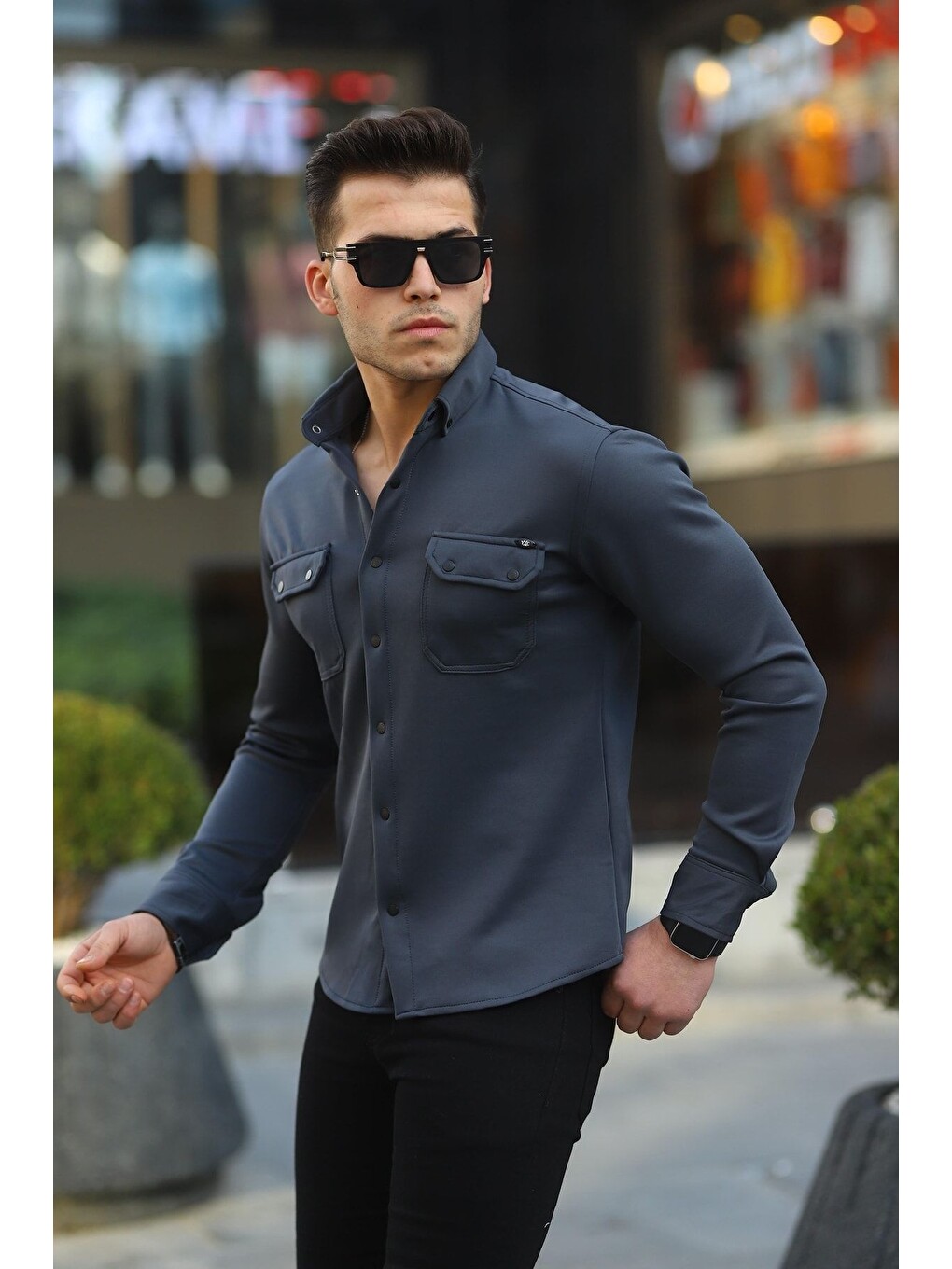 Gri Erkek Slim Fit Scuba Gömlek-2