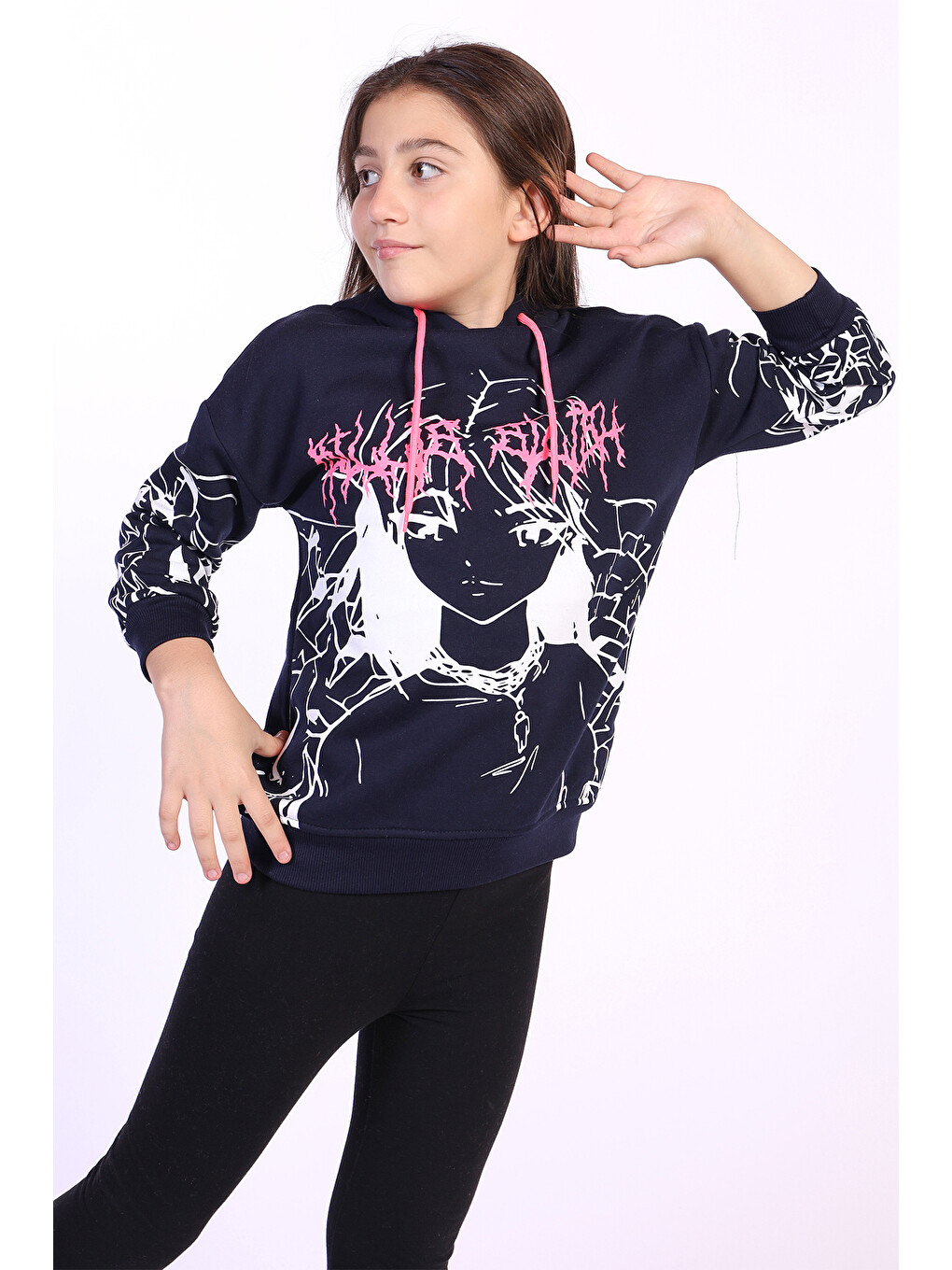 Lacivert Kız Çocuk Kapüşonlu Baskılı Sweatshirt