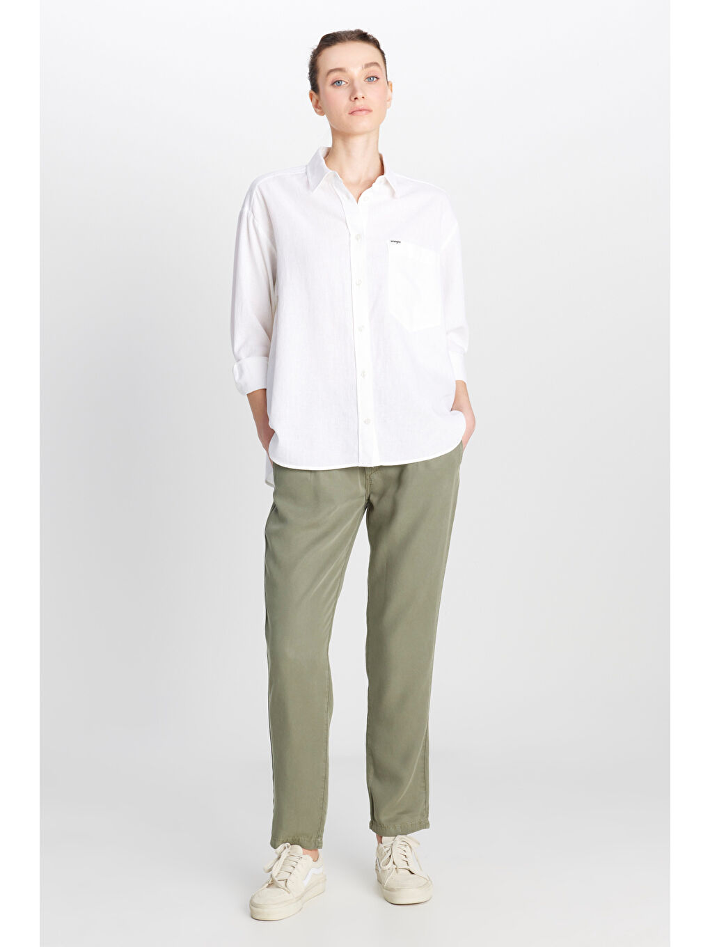 Relaxed Fit Geniş Kesim Keten Karışımlı Beyaz Gömlek-2