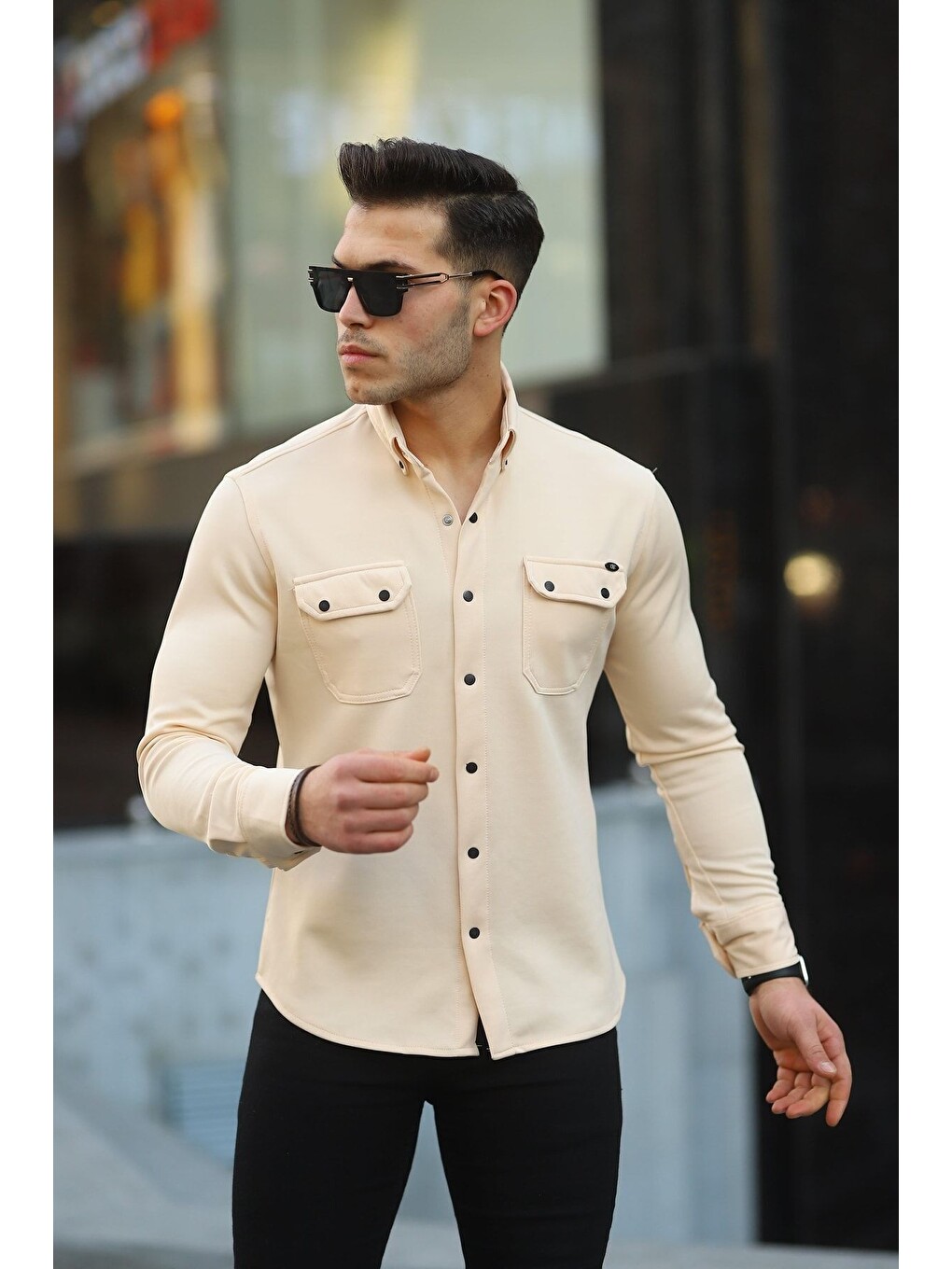 Ekru Erkek Slim Fit Scuba Gömlek-2