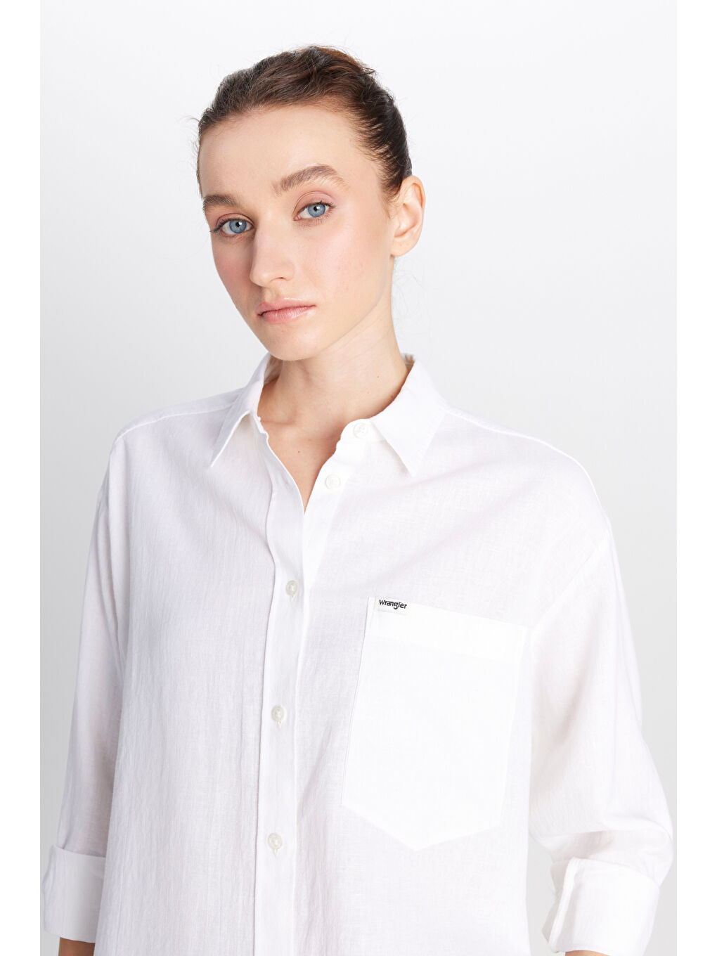 Relaxed Fit Geniş Kesim Keten Karışımlı Beyaz Gömlek-3