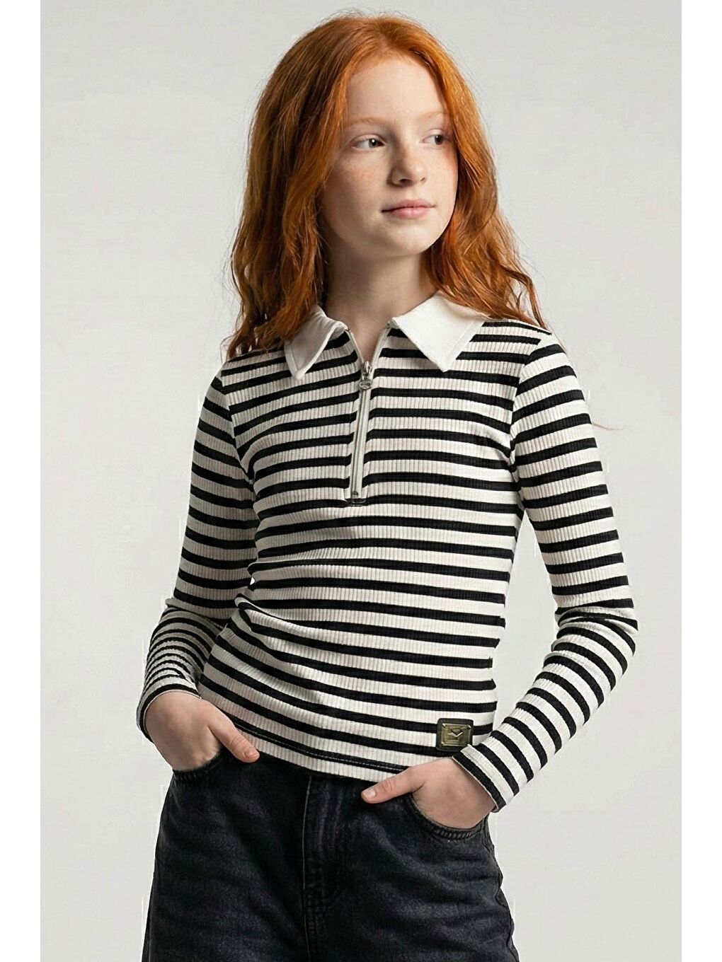 Kız Çocuk Uzun Kollu Tişört Yarım Fermuarlı Polo Yaka Arma Detaylı Karışık Renk (8-14 Yaş)
