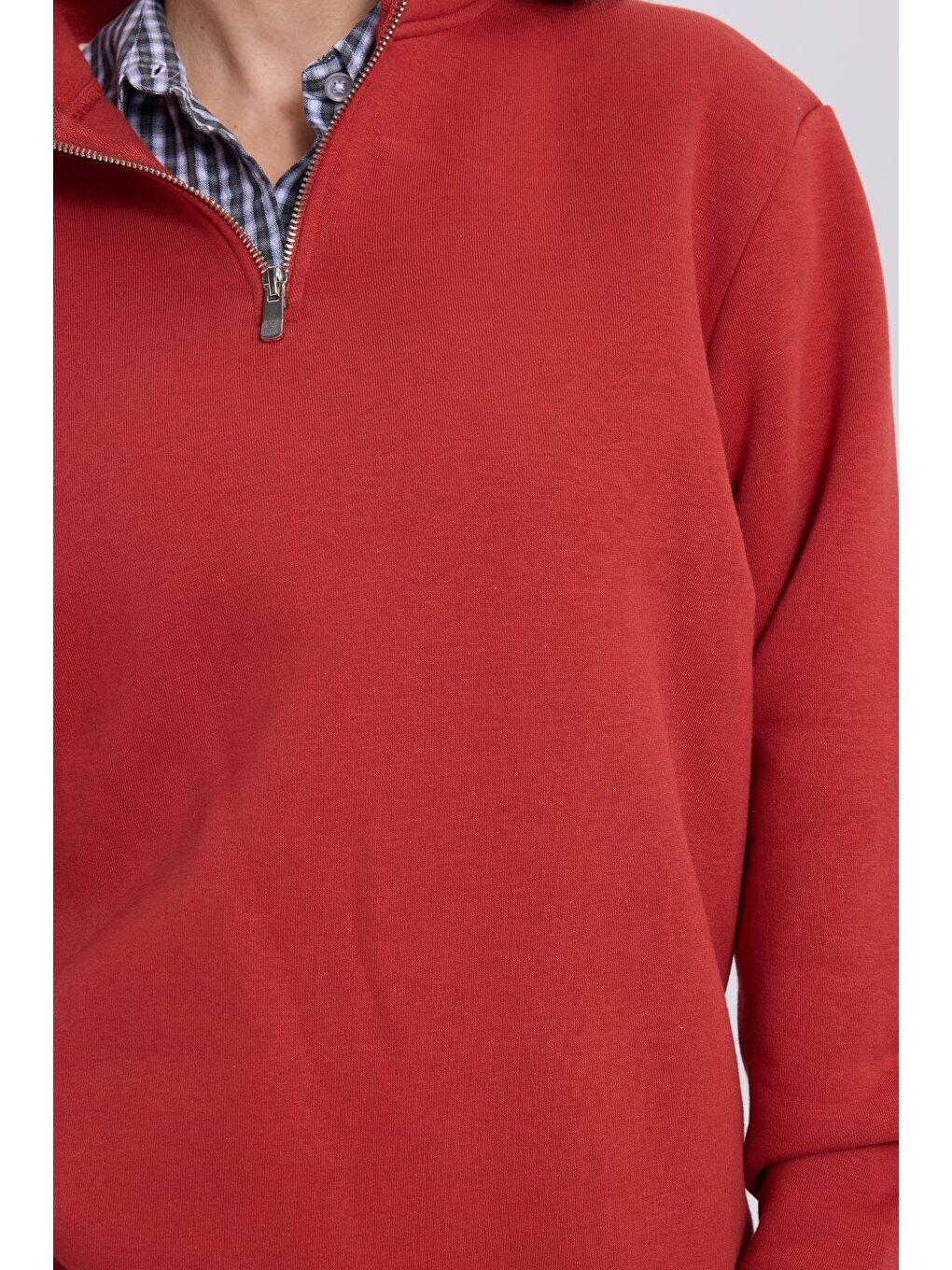 Kadın Relax Fit Rahat Kesim Pamuklu İçi Polarlı Yarım Fermuarlı Kırmızı Dik Yaka Sweatshirt-2