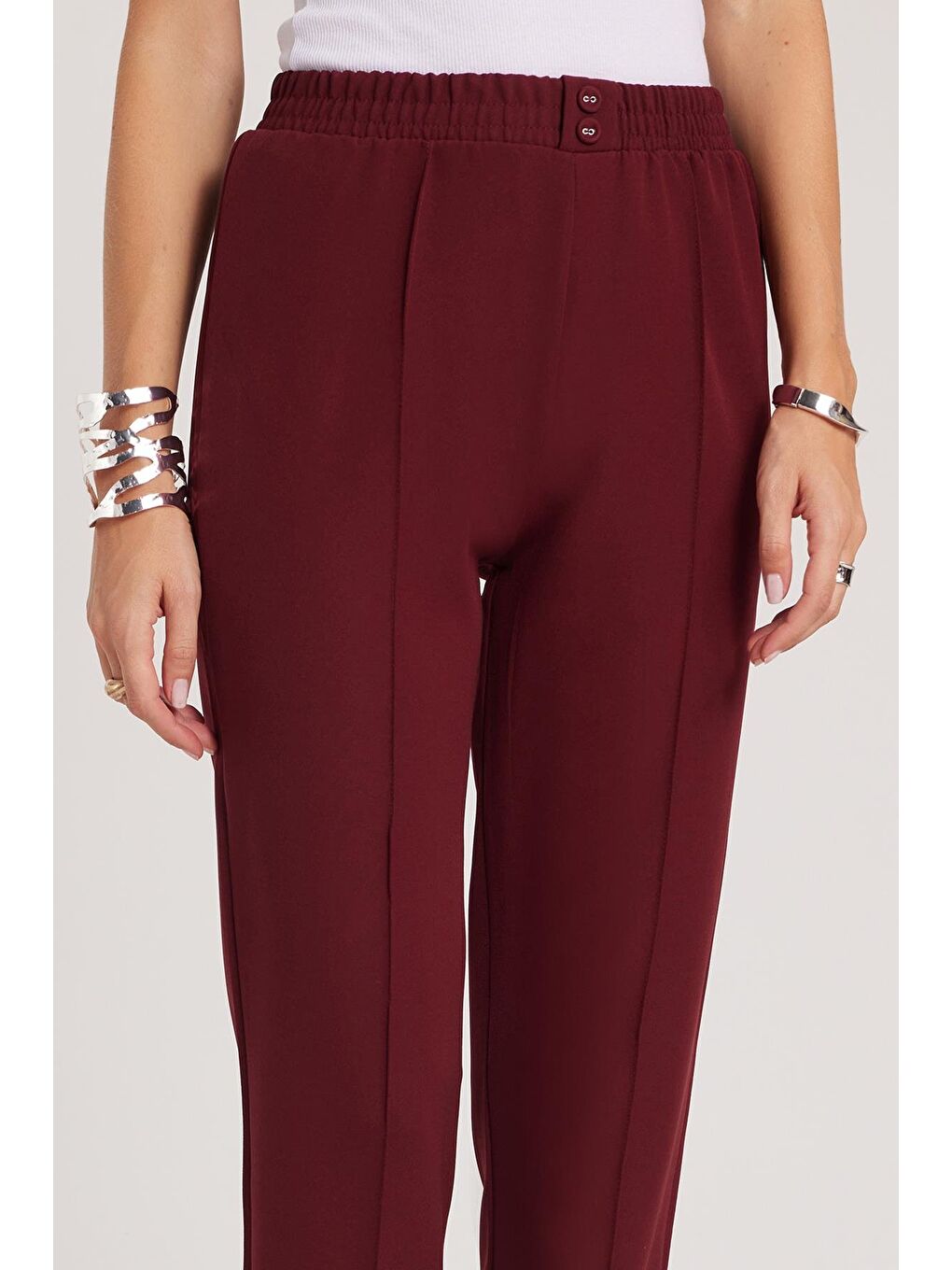 Kadın Relax Fit Rahat Kesim Yüksel Bel Düz Paça Beli Lastikli Bordo Pantolon-2