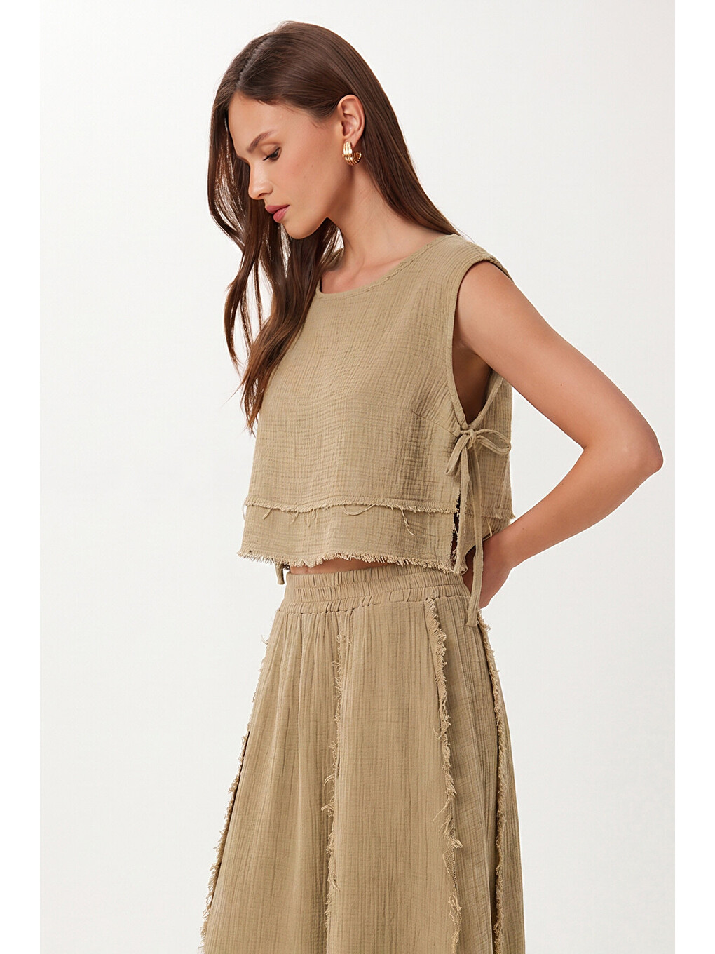 Yeşil Müslin Bluz Etek Takım ZEYTİN YEŞİLİ LGP0013-1