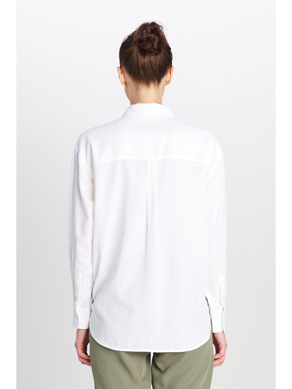 Relaxed Fit Geniş Kesim Keten Karışımlı Beyaz Gömlek-4