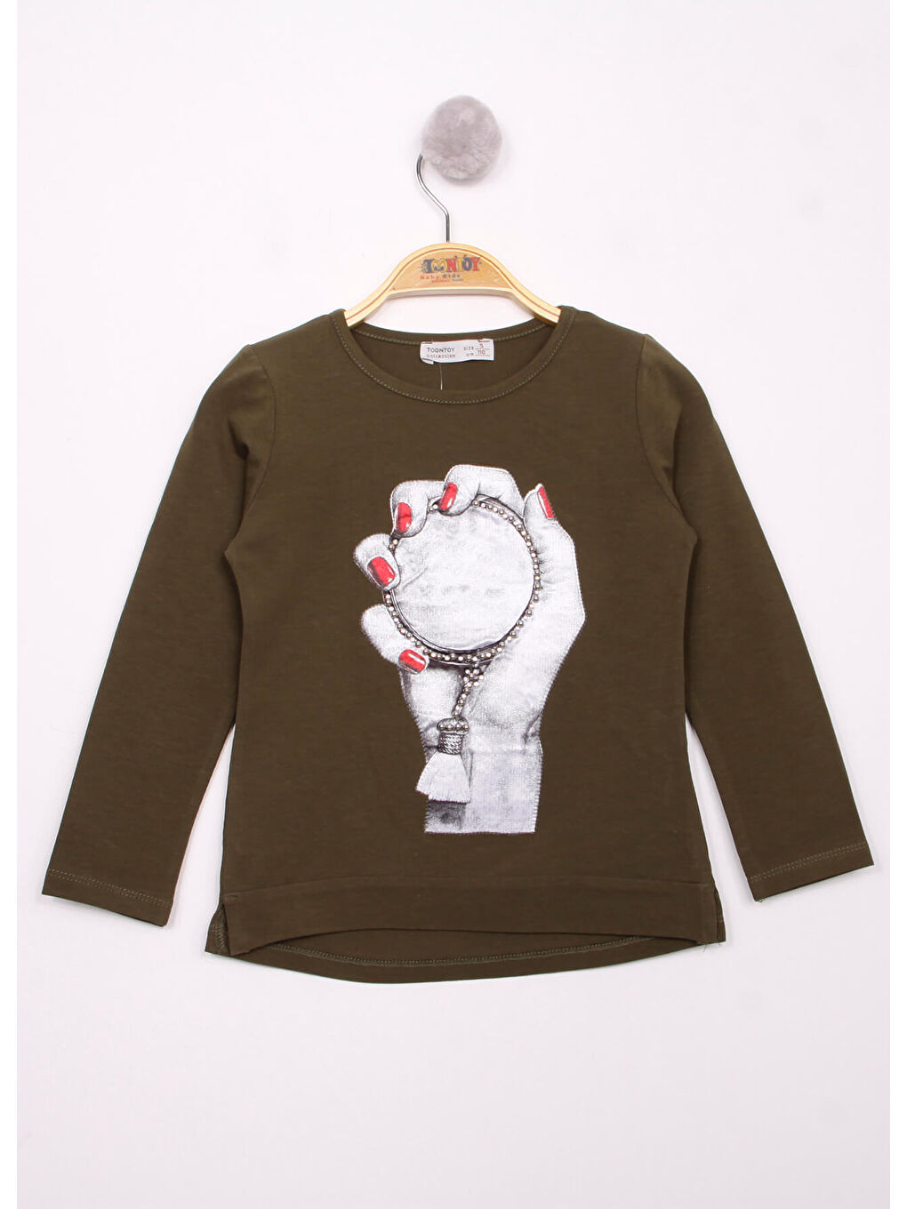 Haki Kız Çocuk El Baskılı T-Shirt