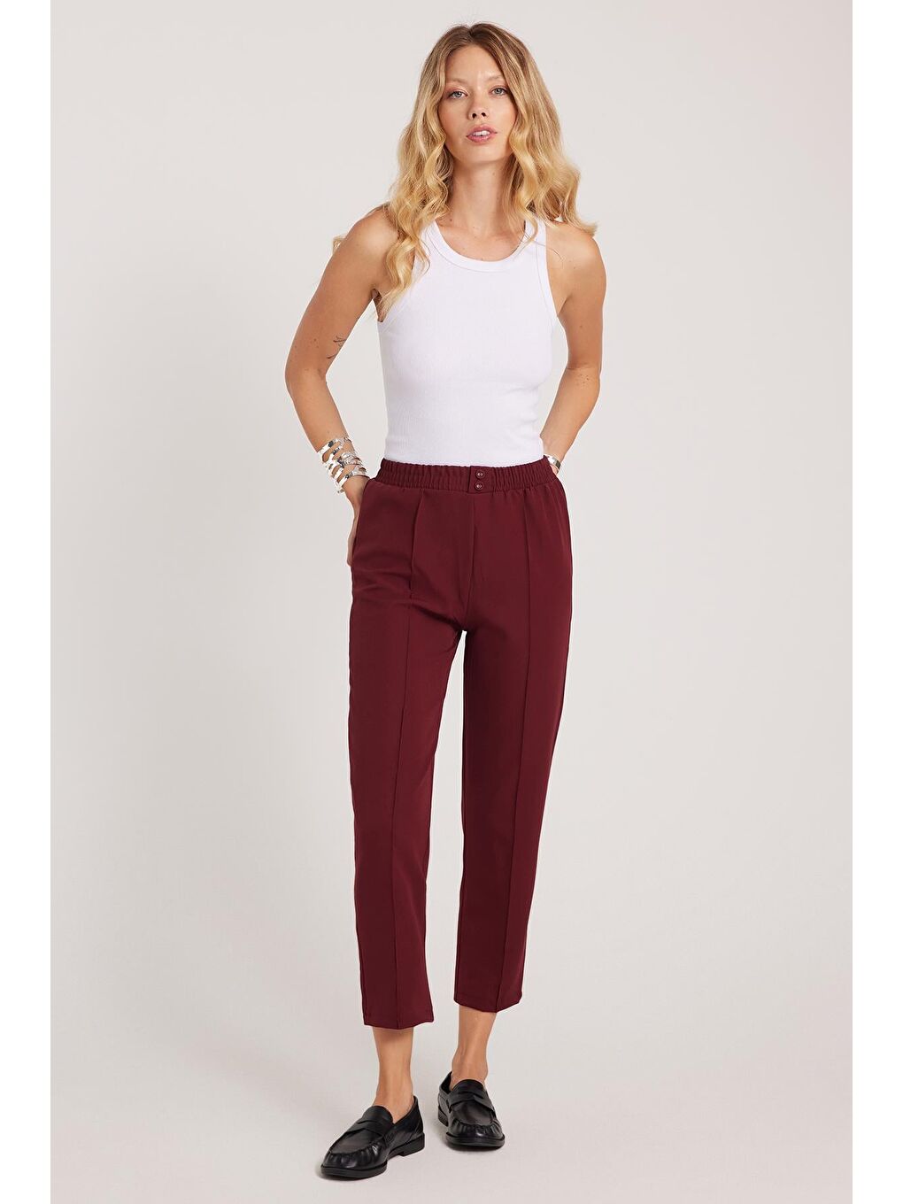 Kadın Relax Fit Rahat Kesim Yüksel Bel Düz Paça Beli Lastikli Bordo Pantolon-3
