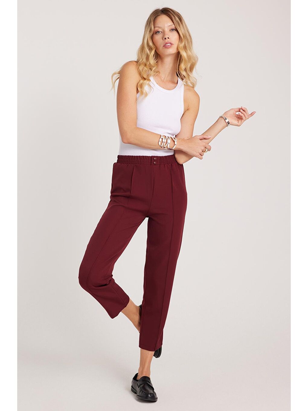 Kadın Relax Fit Rahat Kesim Yüksel Bel Düz Paça Beli Lastikli Bordo Pantolon-4