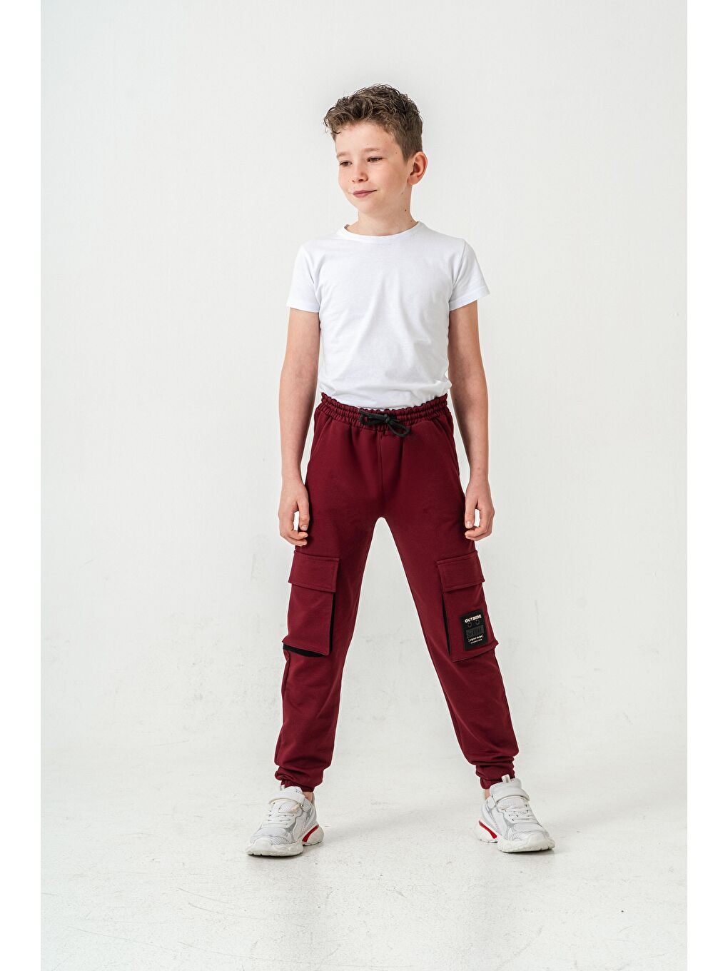 Bordo Çift Kargo Cepli Sol Cep Kapagı Armalı Erkek Çoçuk Eşofman Altı-1