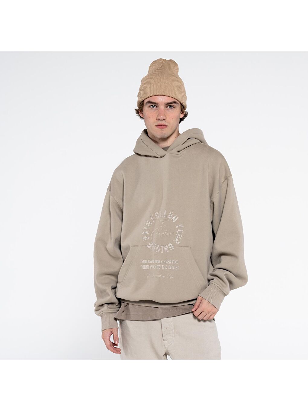 Disu Erkek Açık Bej Kanguru Cepli Kapüşonlu Ekstra Oversize Sweatshirt Hoodie