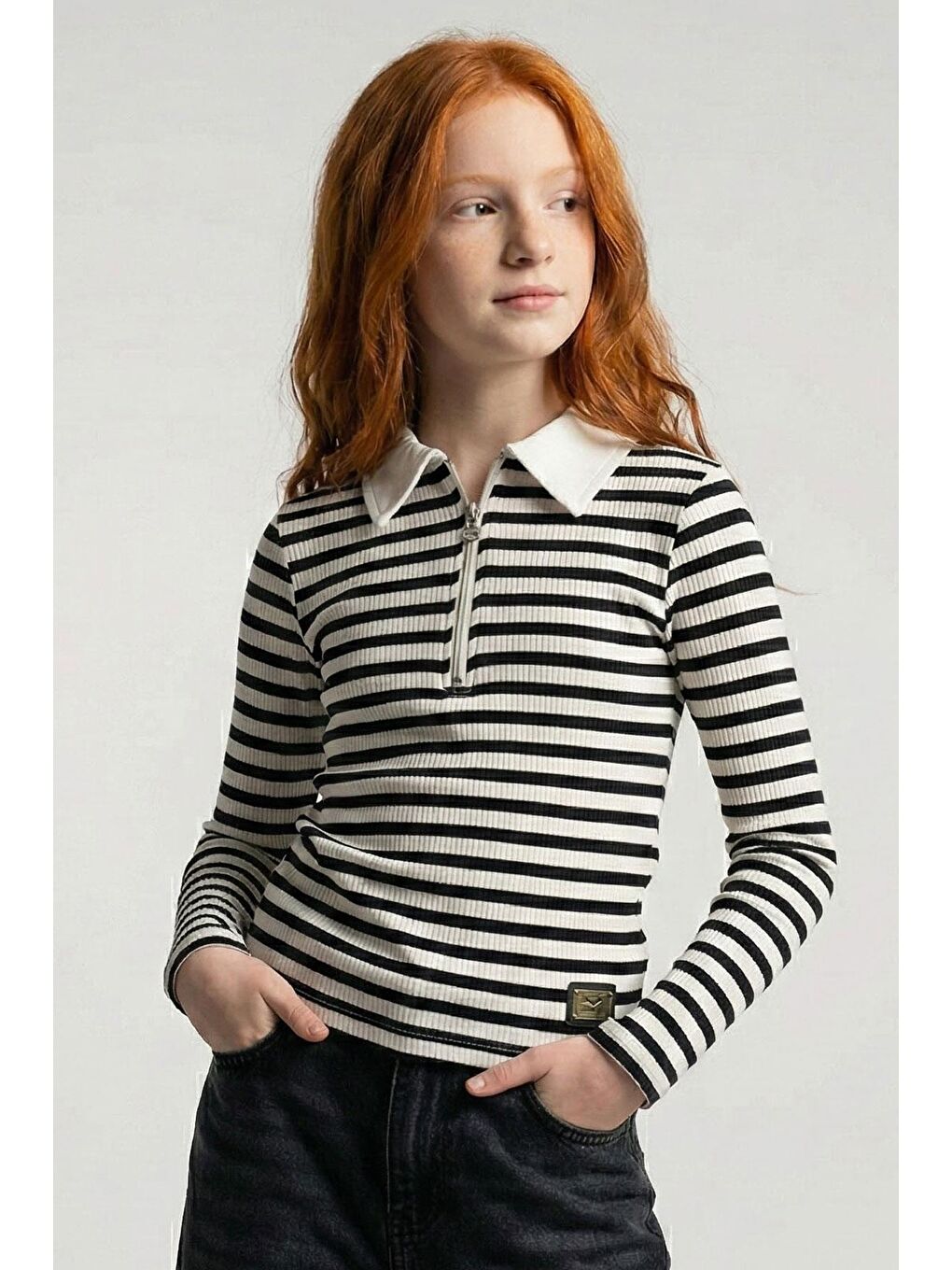 Kız Çocuk Uzun Kollu Tişört Yarım Fermuarlı Polo Yaka Arma Detaylı Karışık Renk (8-14 Yaş)-1