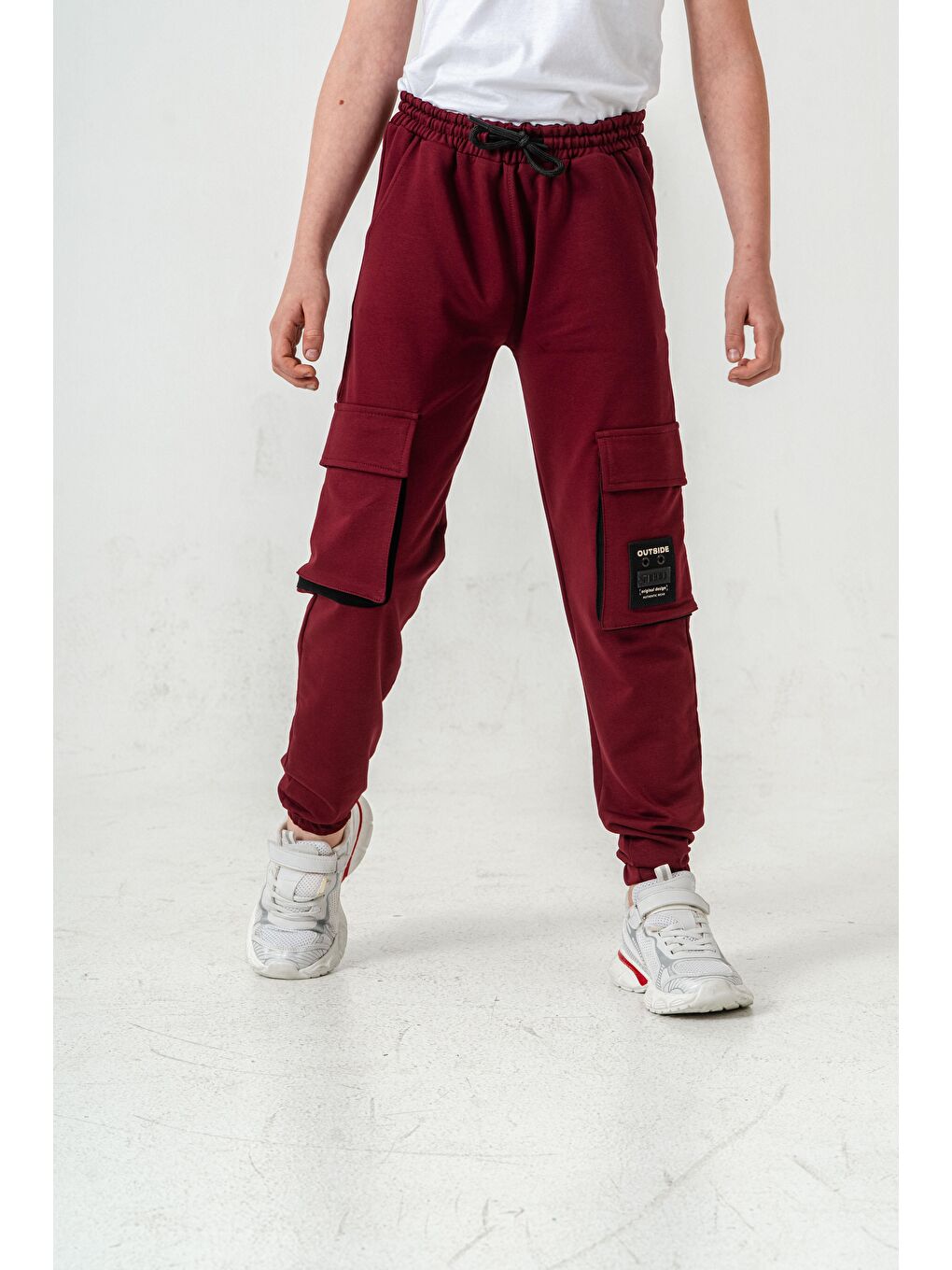 Bordo Çift Kargo Cepli Sol Cep Kapagı Armalı Erkek Çoçuk Eşofman Altı-2