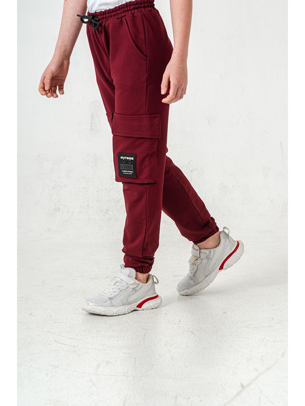 Bordo Çift Kargo Cepli Sol Cep Kapagı Armalı Erkek Çoçuk Eşofman Altı-4