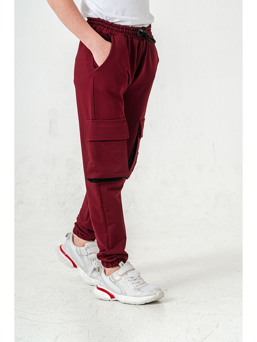 Bordo Çift Kargo Cepli Sol Cep Kapagı Armalı Erkek Çoçuk Eşofman Altı-5