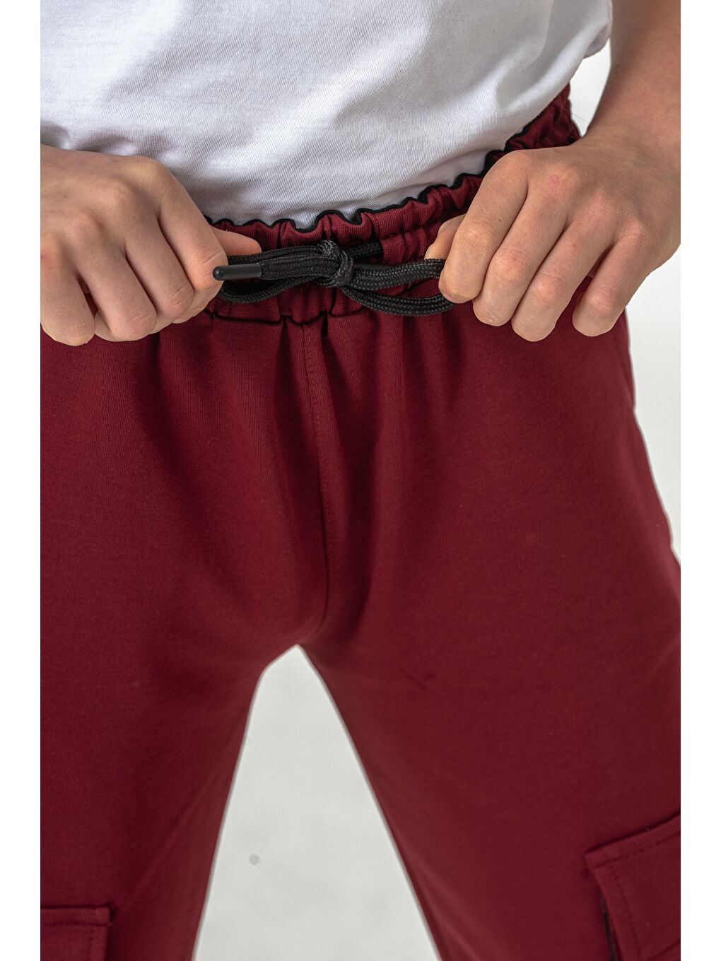 Bordo Çift Kargo Cepli Sol Cep Kapagı Armalı Erkek Çoçuk Eşofman Altı-6