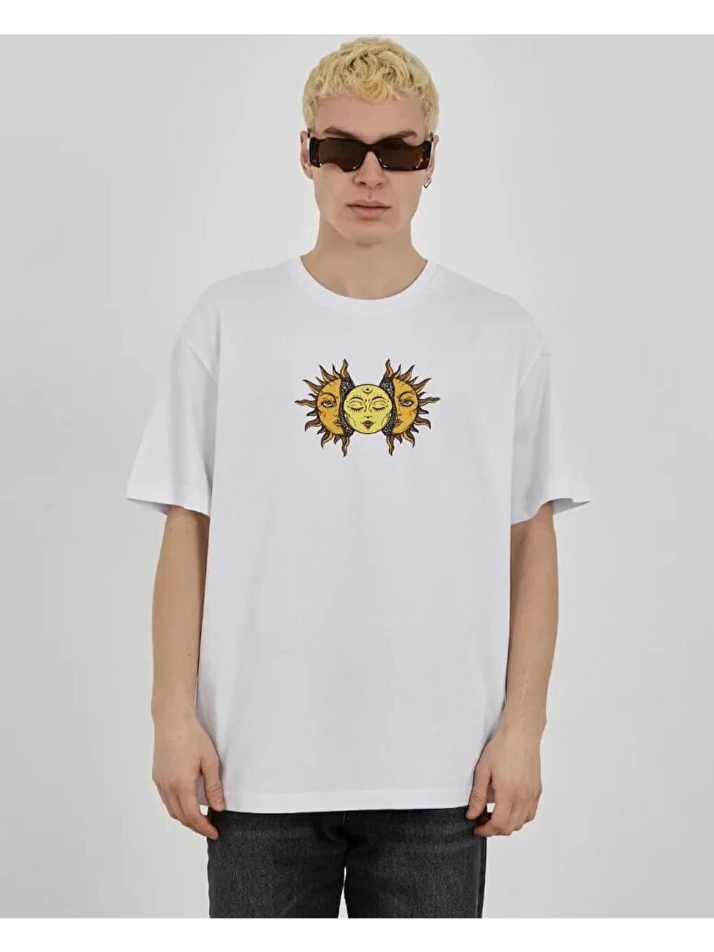 Unisex Bisiklet Yaka Baskılı Oversize T-Shirt - Beyaz