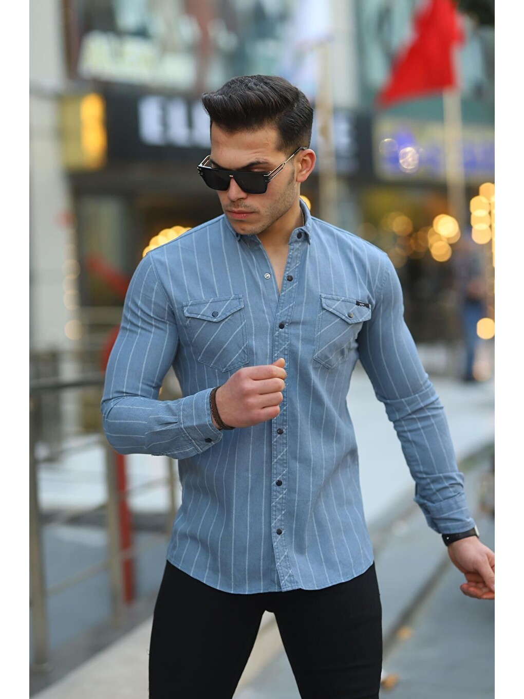 İndigo Erkek Slim Fit Çizgili Jean Gömlek
