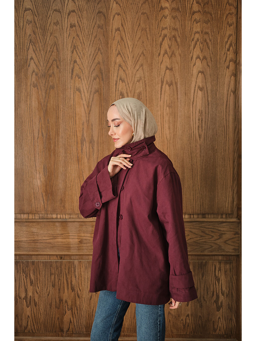 Kadın Dik Yaka Gabardin Ceket Bordo-1