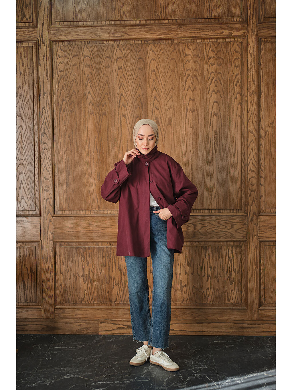 Kadın Dik Yaka Gabardin Ceket Bordo-2