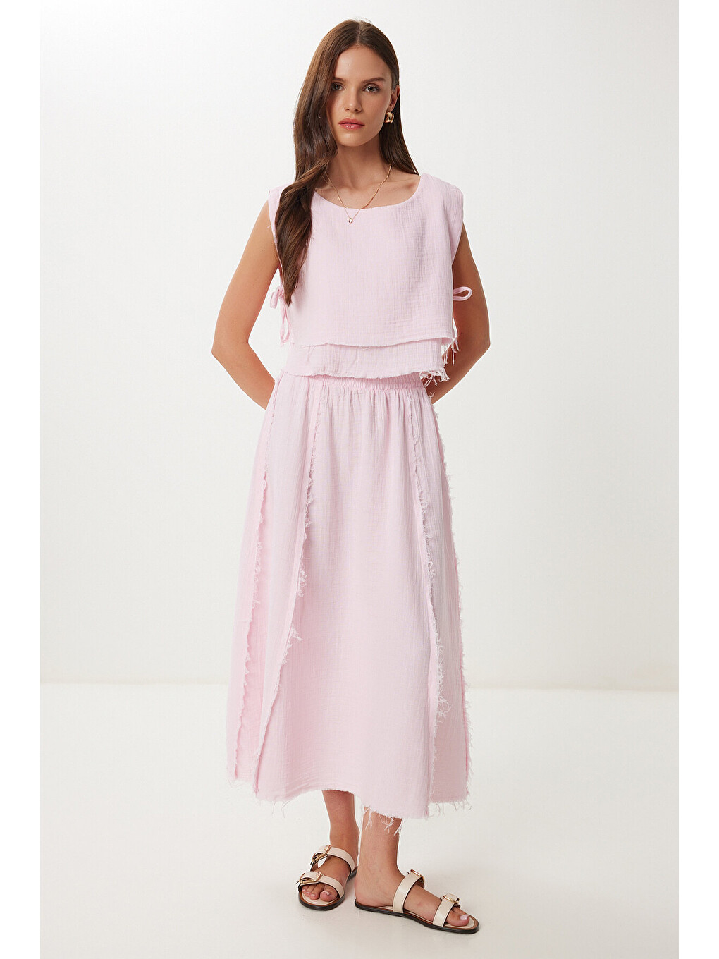 Pembe Müslin Bluz Etek Takım PEMBE LGP0013-1