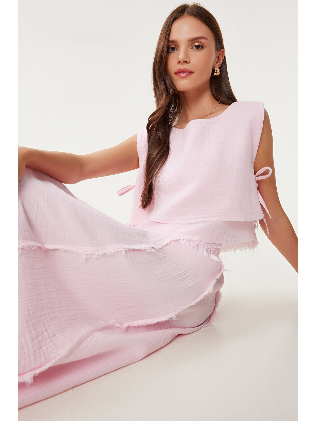 Pembe Müslin Bluz Etek Takım PEMBE LGP0013-2