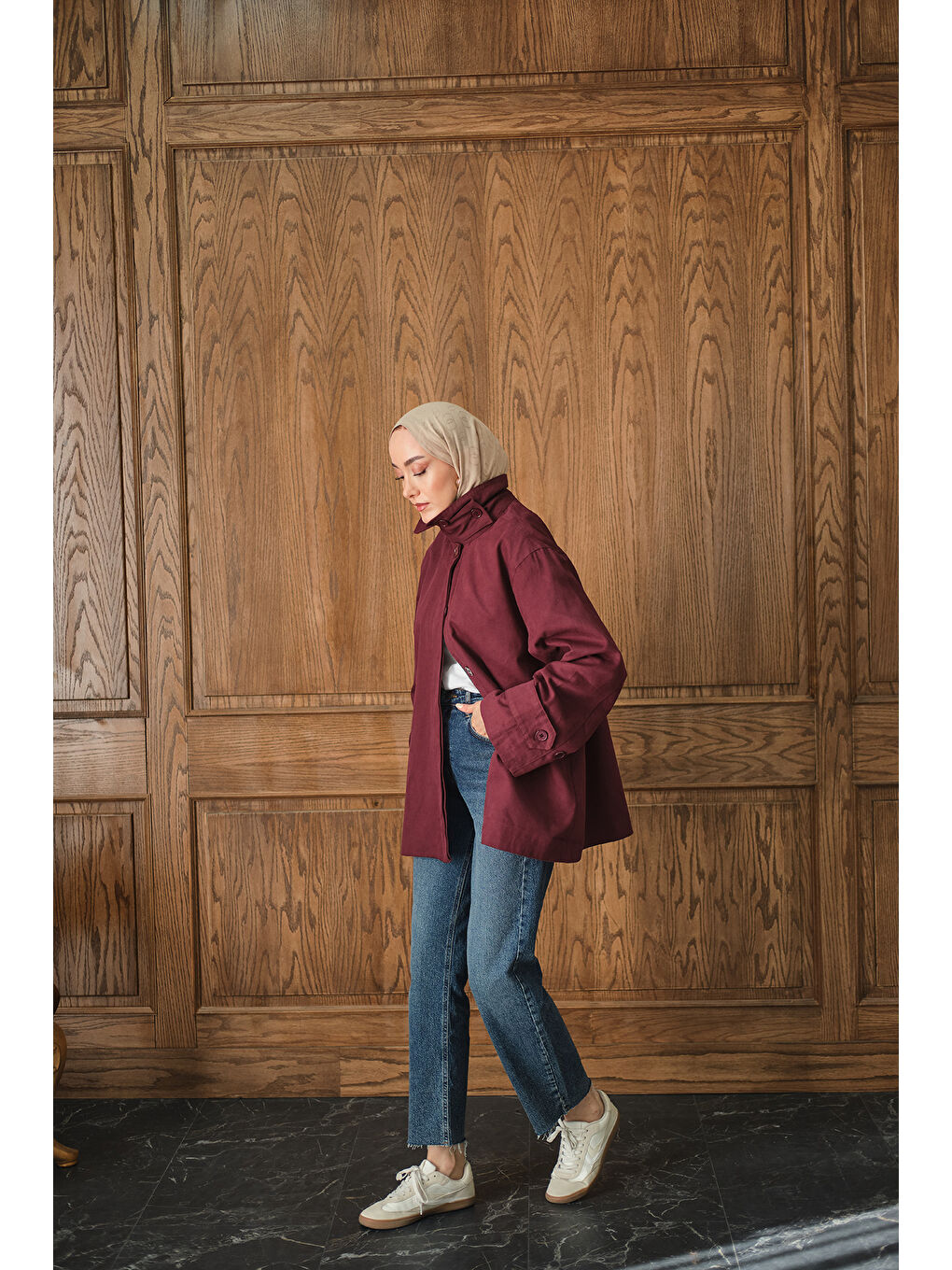 Kadın Dik Yaka Gabardin Ceket Bordo-3