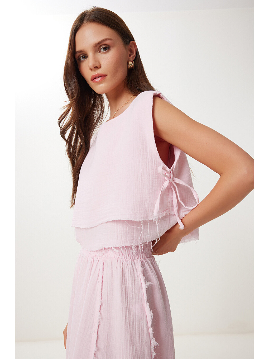 Pembe Müslin Bluz Etek Takım PEMBE LGP0013-3
