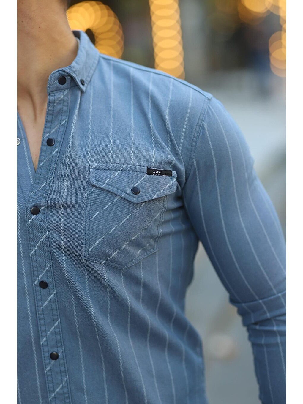 İndigo Erkek Slim Fit Çizgili Jean Gömlek-1