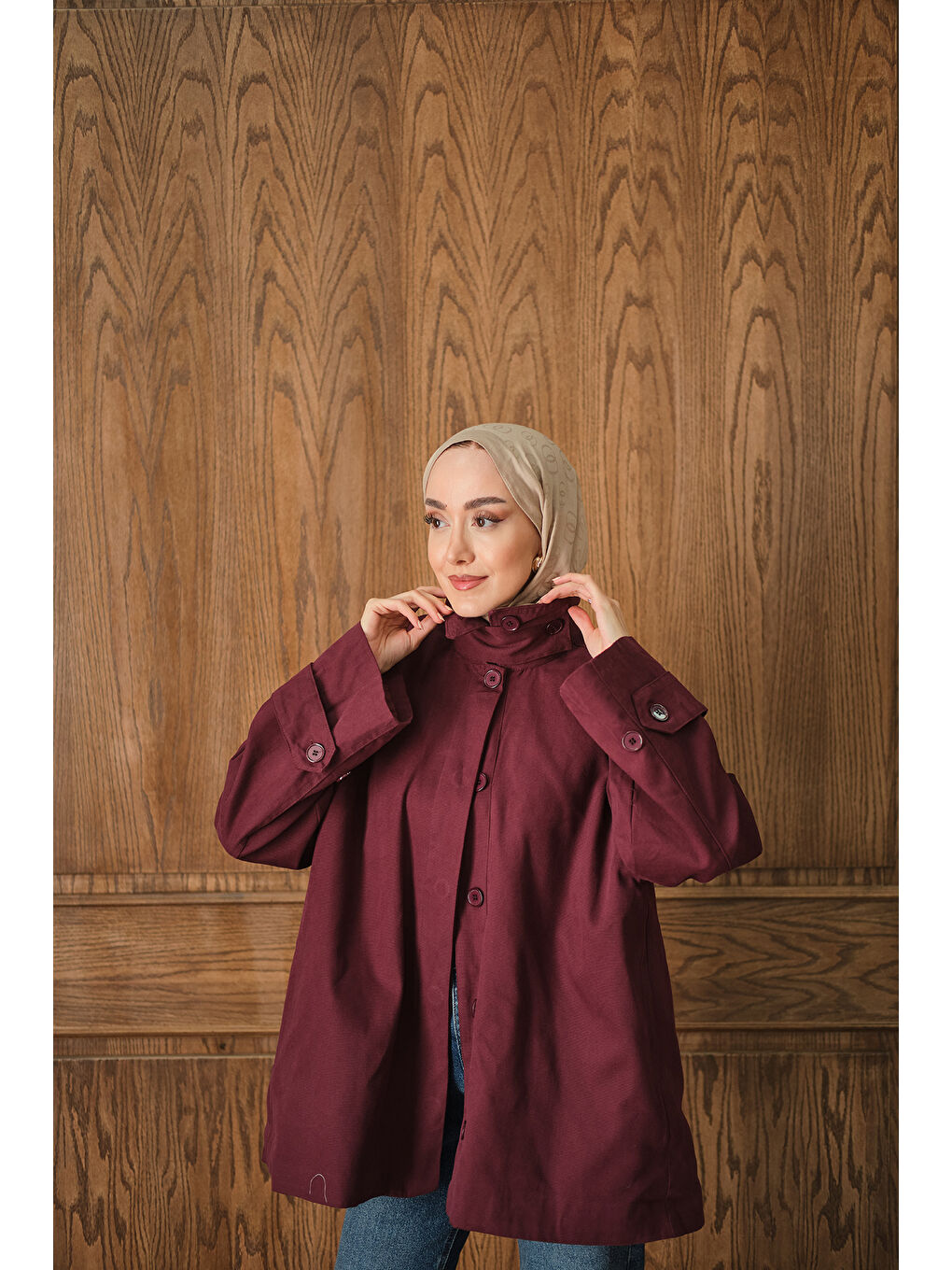Kadın Dik Yaka Gabardin Ceket Bordo-4