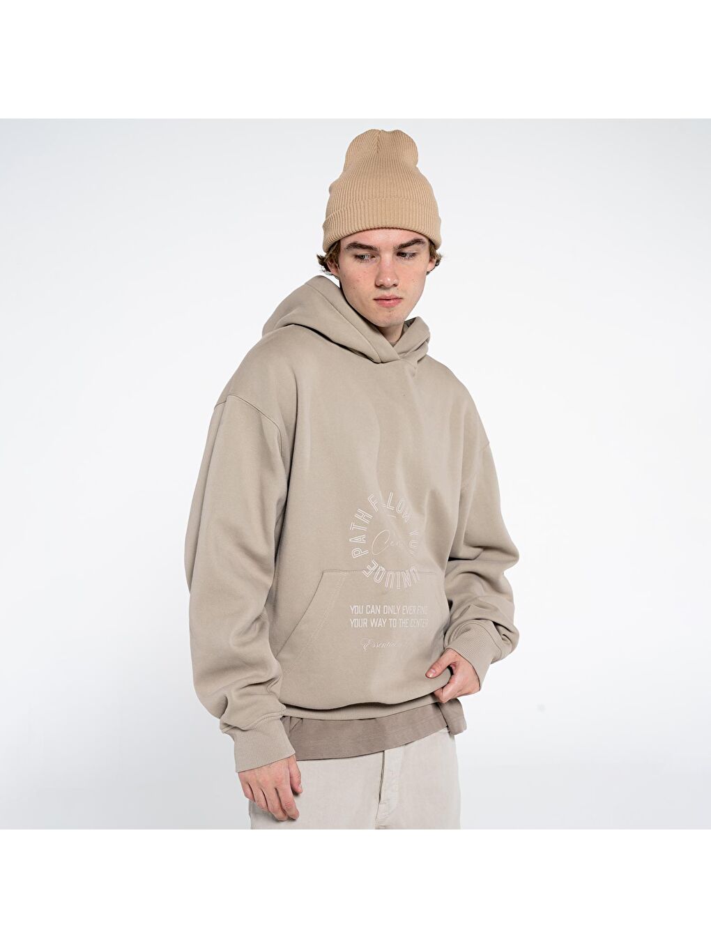Disu Erkek Açık Bej Kanguru Cepli Kapüşonlu Ekstra Oversize Sweatshirt Hoodie-2