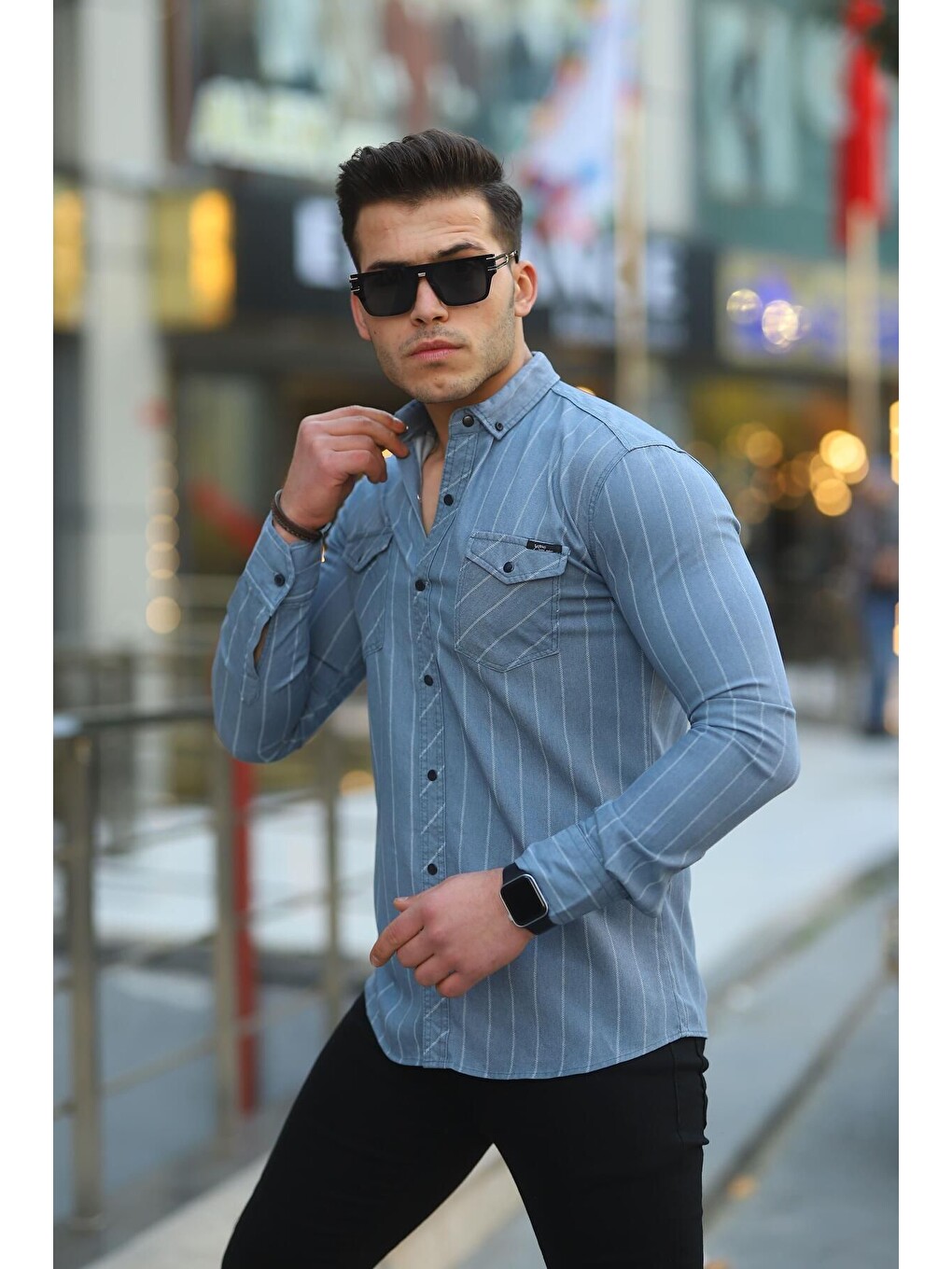 İndigo Erkek Slim Fit Çizgili Jean Gömlek-2
