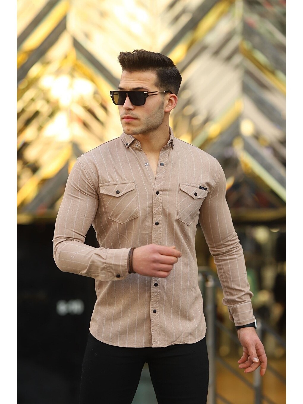 Kahverengi Erkek Slim Fit Çizgili Jean Gömlek