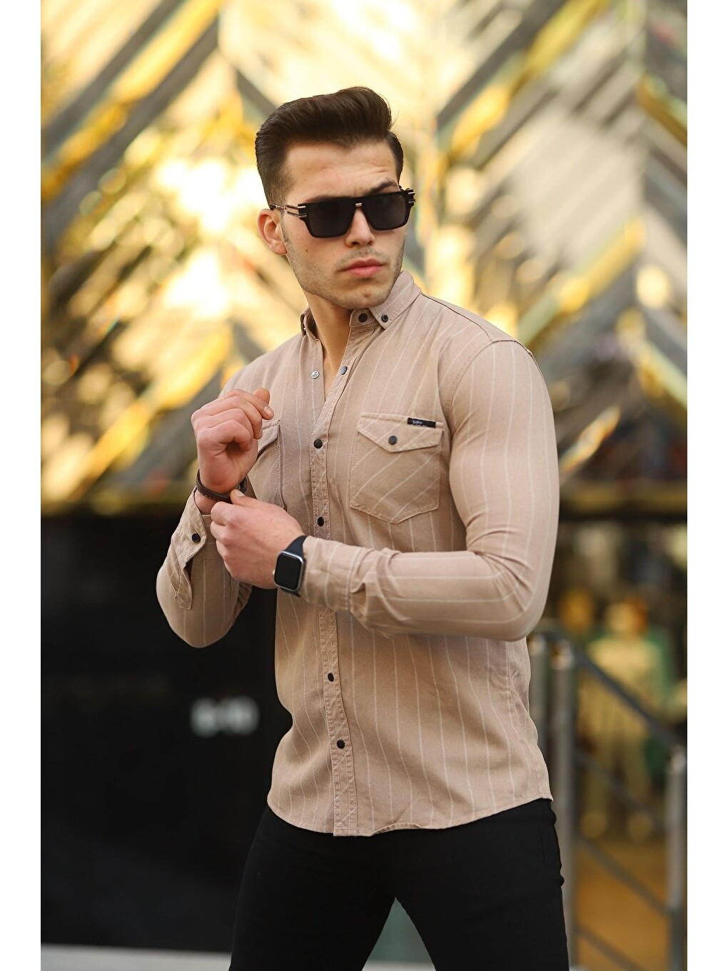 Kahverengi Erkek Slim Fit Çizgili Jean Gömlek-2