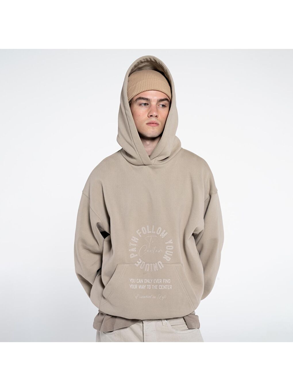Disu Erkek Açık Bej Kanguru Cepli Kapüşonlu Ekstra Oversize Sweatshirt Hoodie-3