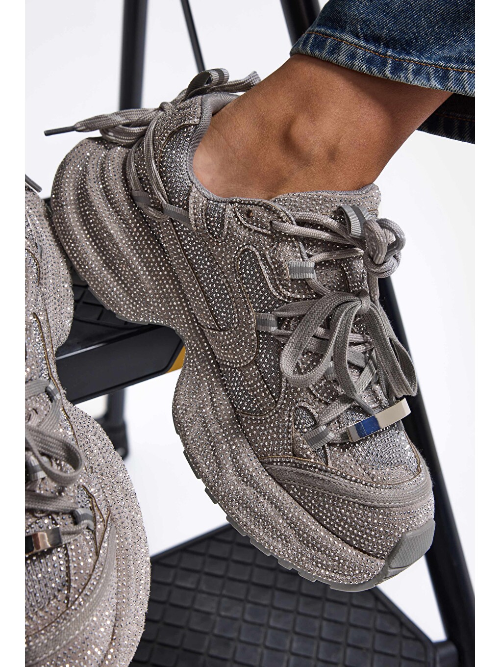 Gri Kadın Silver T11 İthal Işıltılı Taş Kaplama Özel Tasarım Sneaker Ayakkabı-2