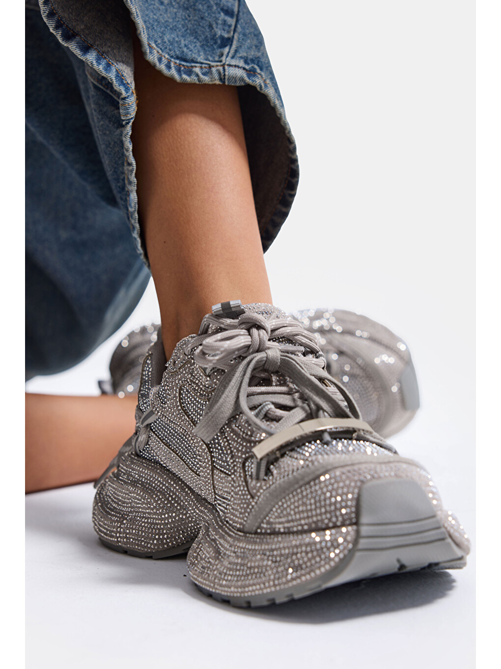 Gri Kadın Silver T11 İthal Işıltılı Taş Kaplama Özel Tasarım Sneaker Ayakkabı-3