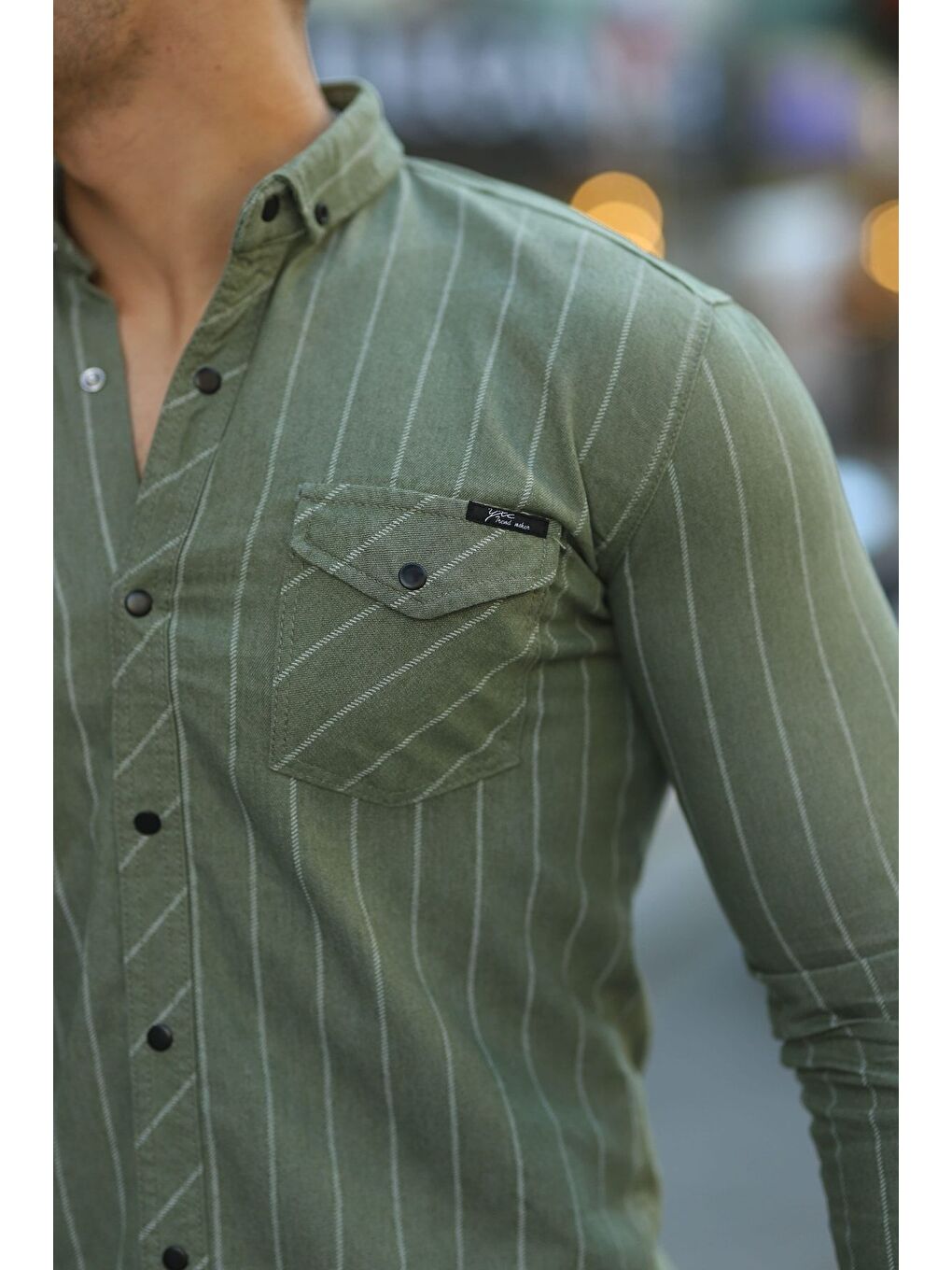 Haki Erkek Slim Fit Çizgili Jean Gömlek-1