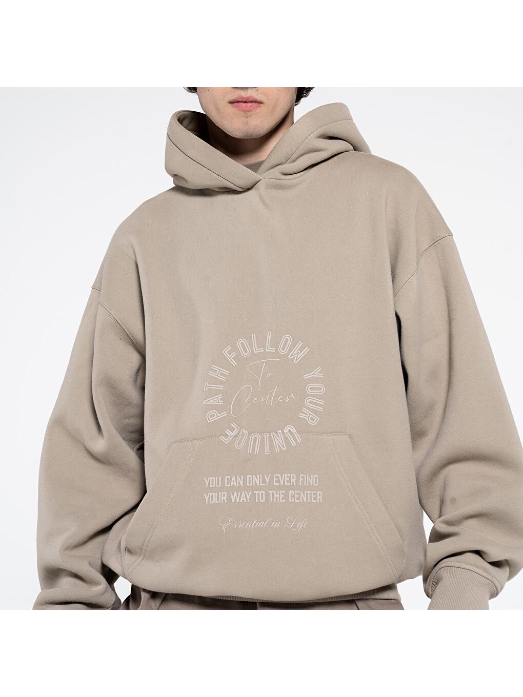 Disu Erkek Açık Bej Kanguru Cepli Kapüşonlu Ekstra Oversize Sweatshirt Hoodie-4