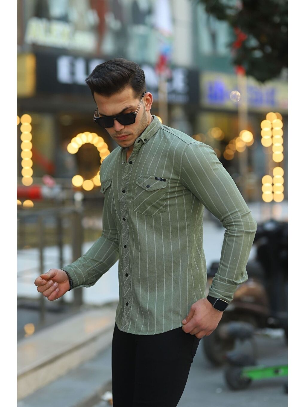 Haki Erkek Slim Fit Çizgili Jean Gömlek-2