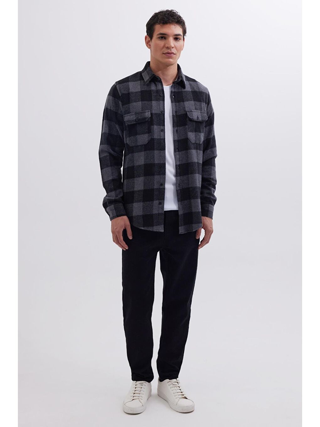 Karışık Erkek Slim Fit Dar Kesim Uzun Kollu Kapaklı Çift Cepli Kareli Kışlık Oduncu Gömlek-3