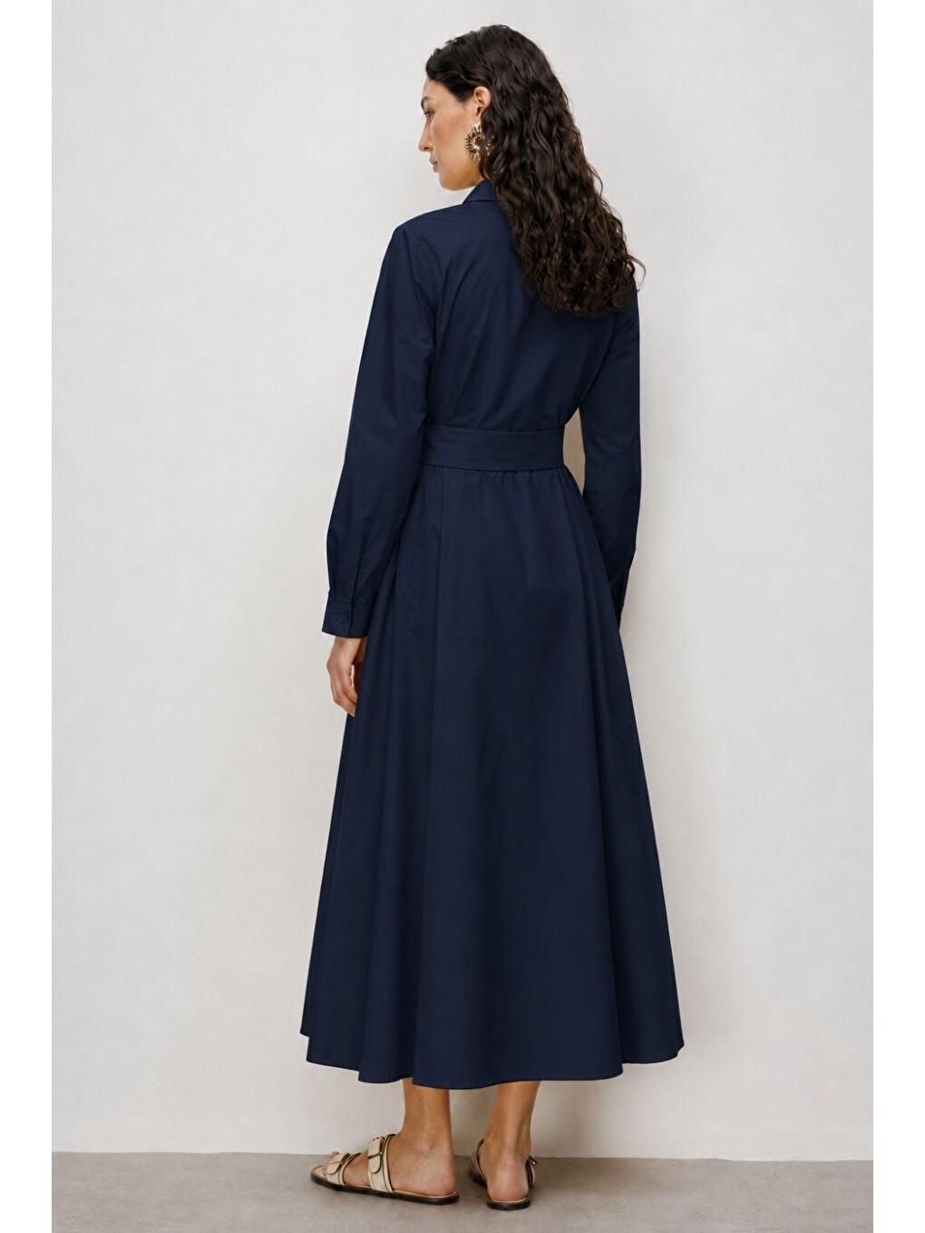 Kuşak Detaylı Poplin Gömlek Lacivert Elbise-3