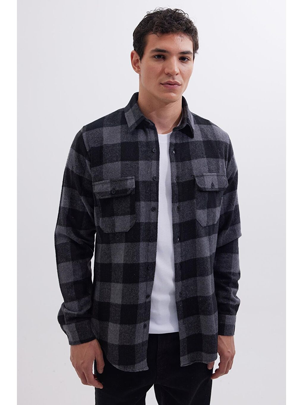 Karışık Erkek Slim Fit Dar Kesim Uzun Kollu Kapaklı Çift Cepli Kareli Kışlık Oduncu Gömlek-4