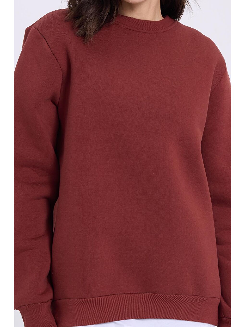 Kahverengi Kadın Oversize Geniş Kesim Pamuklu 3 İplik İçi Polarlı Basic Kiremit Bisiklet Yaka Sweatshirt-2