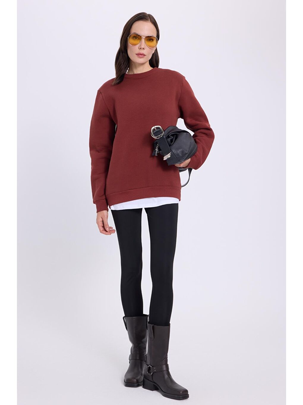 Kahverengi Kadın Oversize Geniş Kesim Pamuklu 3 İplik İçi Polarlı Basic Kiremit Bisiklet Yaka Sweatshirt-3