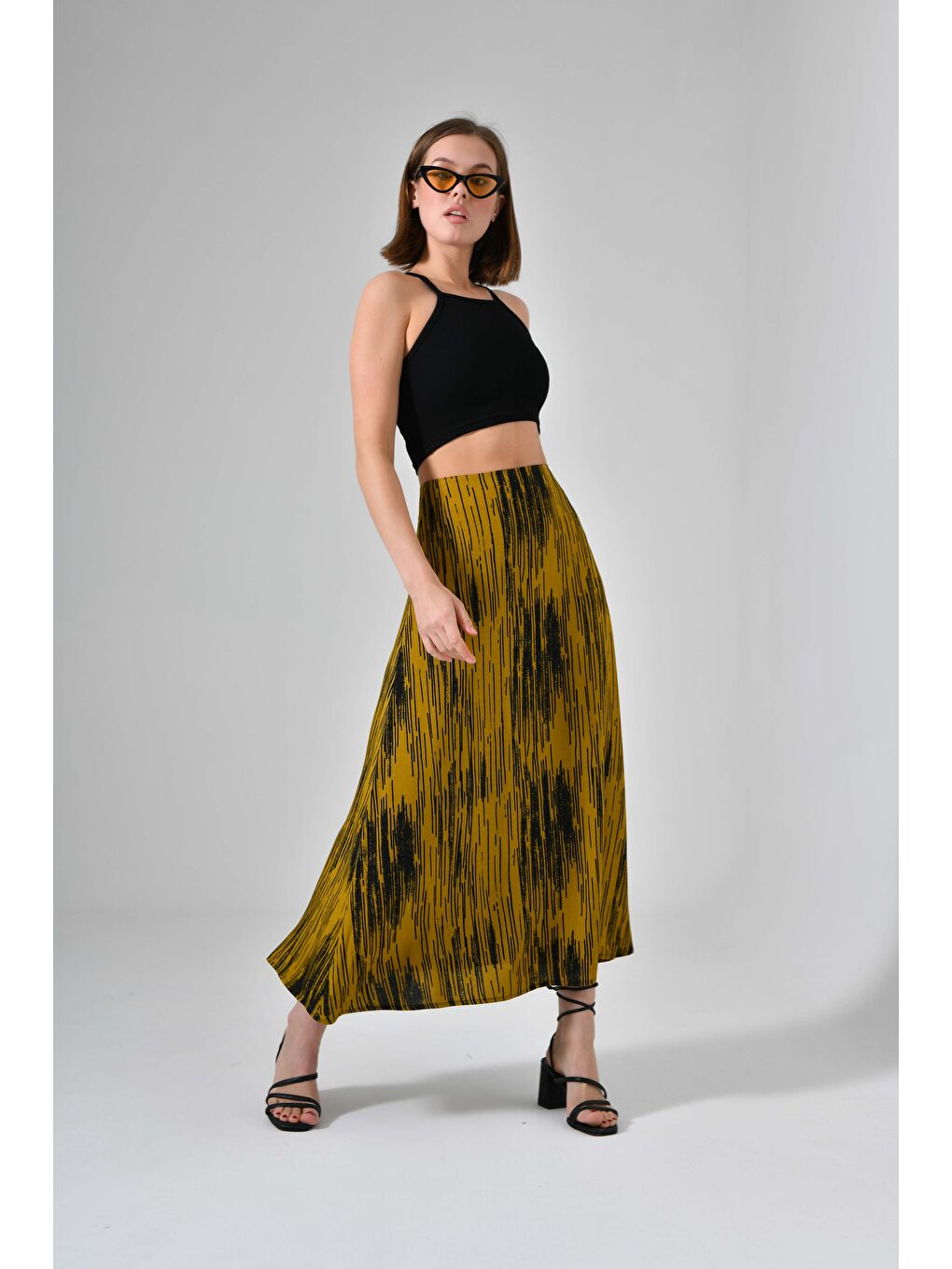 Yağ Yeşili Kadın A Kesim Normal Bel Çiçek Desenli Midi Dokuma Etek - Viskon-1