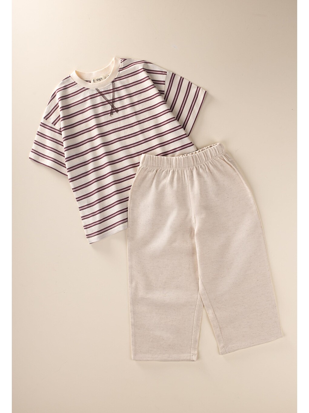 Oversize T-shirt Geniş Kesim Pantolon Takım 2-10 Yaş Mürdüm Çizgili