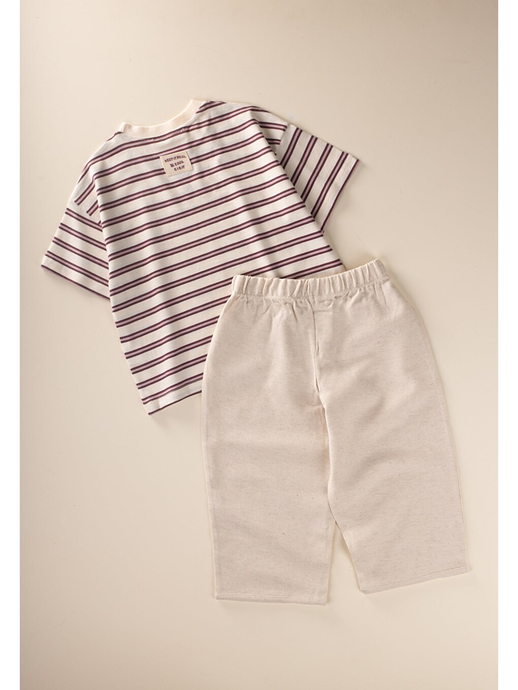 Oversize T-shirt Geniş Kesim Pantolon Takım 2-10 Yaş Mürdüm Çizgili-1